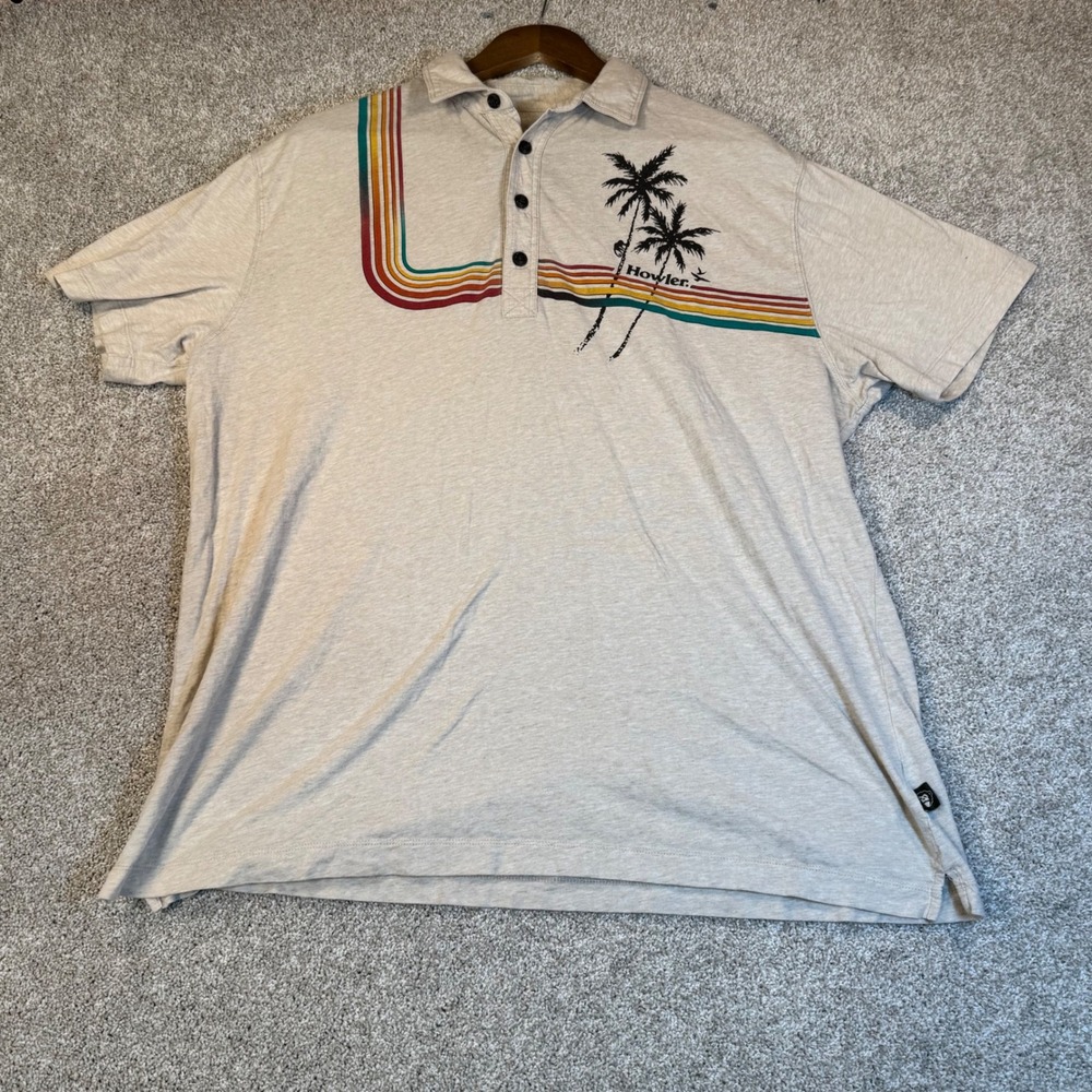 Howler Brothers Mens XL Beige Palm Tree Stripe Cotton Short Sleeve Polo Shirt